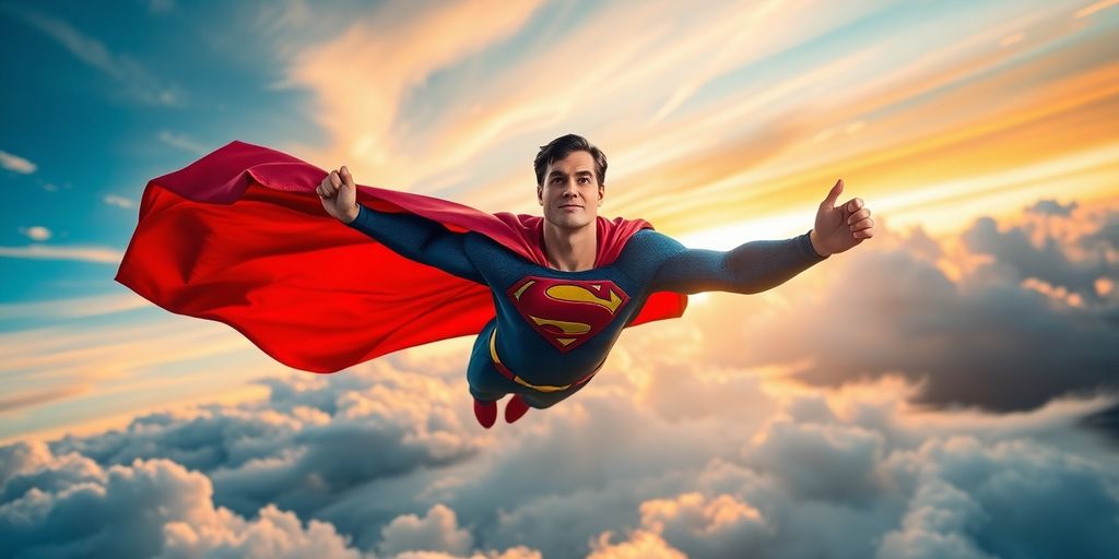 Superman zburând cu mantia roșie fluturând în vânt.