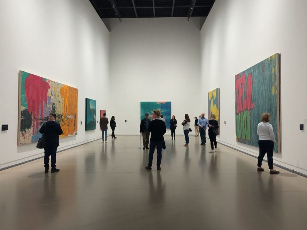 Oameni admirând picturi abstracte colorate într-o galerie de artă.