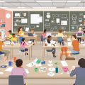 Elevi diversificați în activități de învățare într-o clasă modernă.
