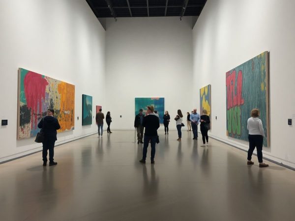 Oameni admirând picturi abstracte colorate într-o galerie de artă.