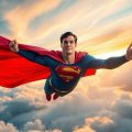 Superman zburând cu mantia roșie fluturând în vânt.