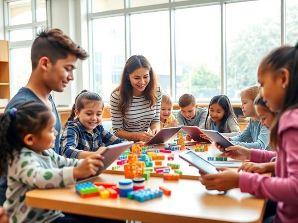 Elevi zâmbitori colaborând într-o clasă modernă, luminoasă, cu tehnologie.